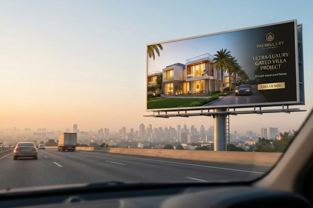 Static real estate billboard advertising showcasing a property development project on a large outdoor hoarding in a commercial area.